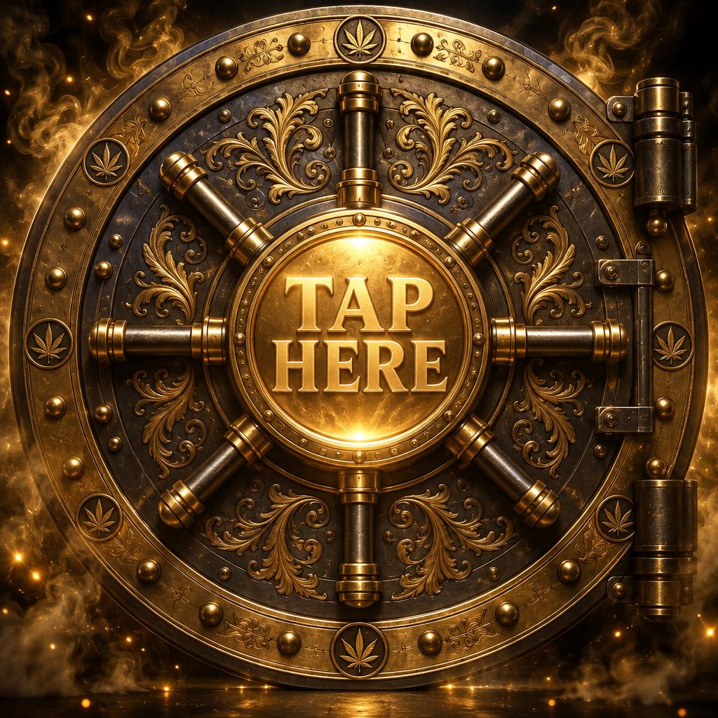 Ornate gold and iron vault surrounded by golden smoke, built around a glowing Tap here plaque